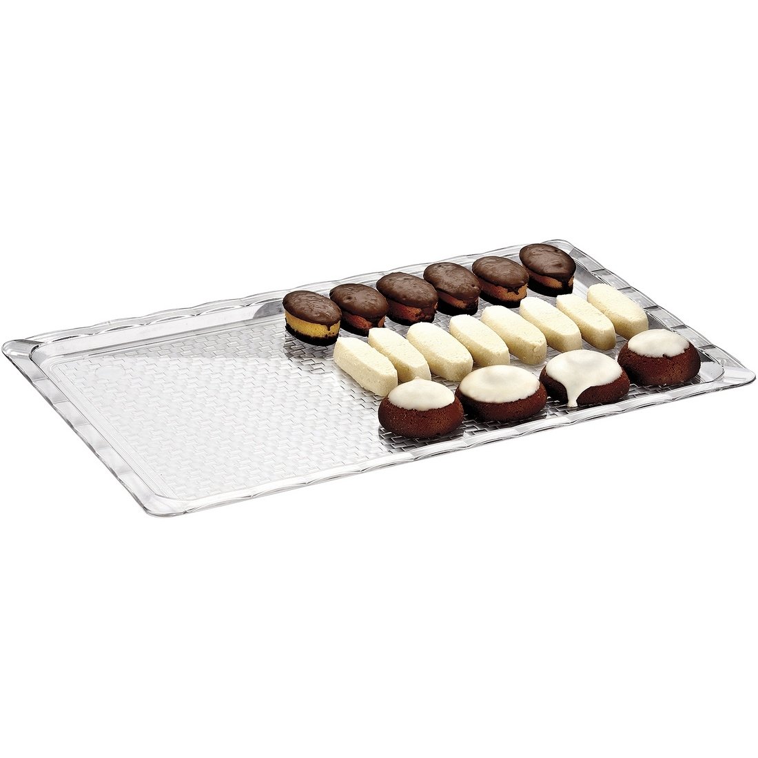 POLİCARBON PASTANE TEŞHİR TEPSİ (25*40 CM) ŞEFFAF-SİYAH-BEYAZ